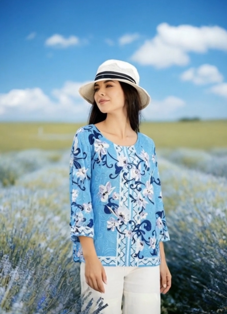 JM Collection Women's Blue Floral Jacquard Blouse XXL 3/4 Sleeve Scoop Neck VG